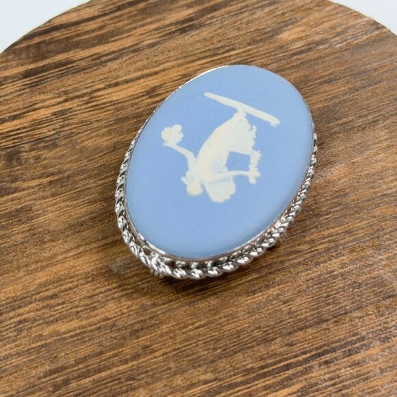 Vtg Van Dell Sterling Silver Brooch Pendant Wedgwood Blue Jasperware Cameo Pin - Picture 4 of 13